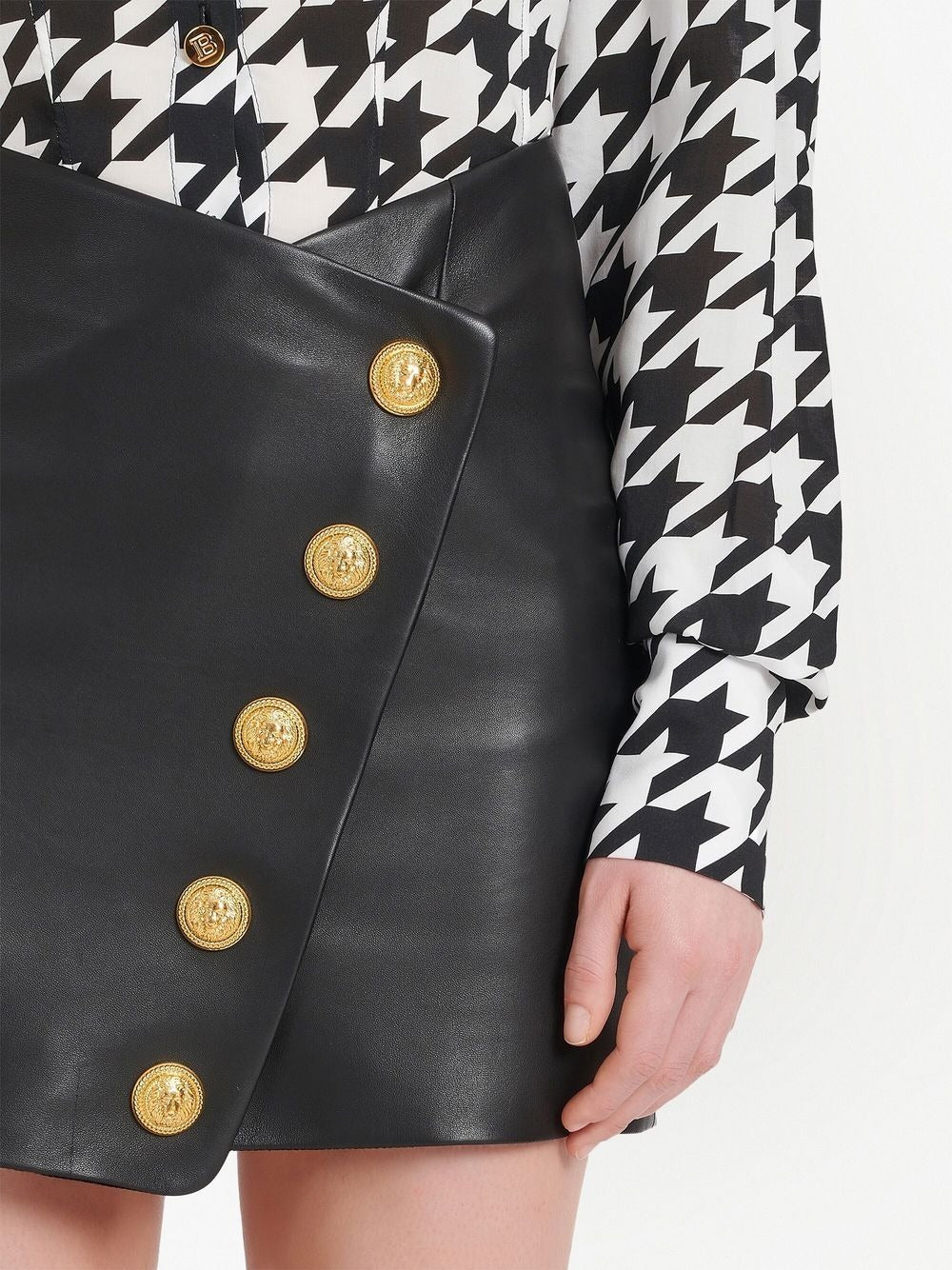 Balmain Button Detail Leather Wrapped Short Skirt Black 4