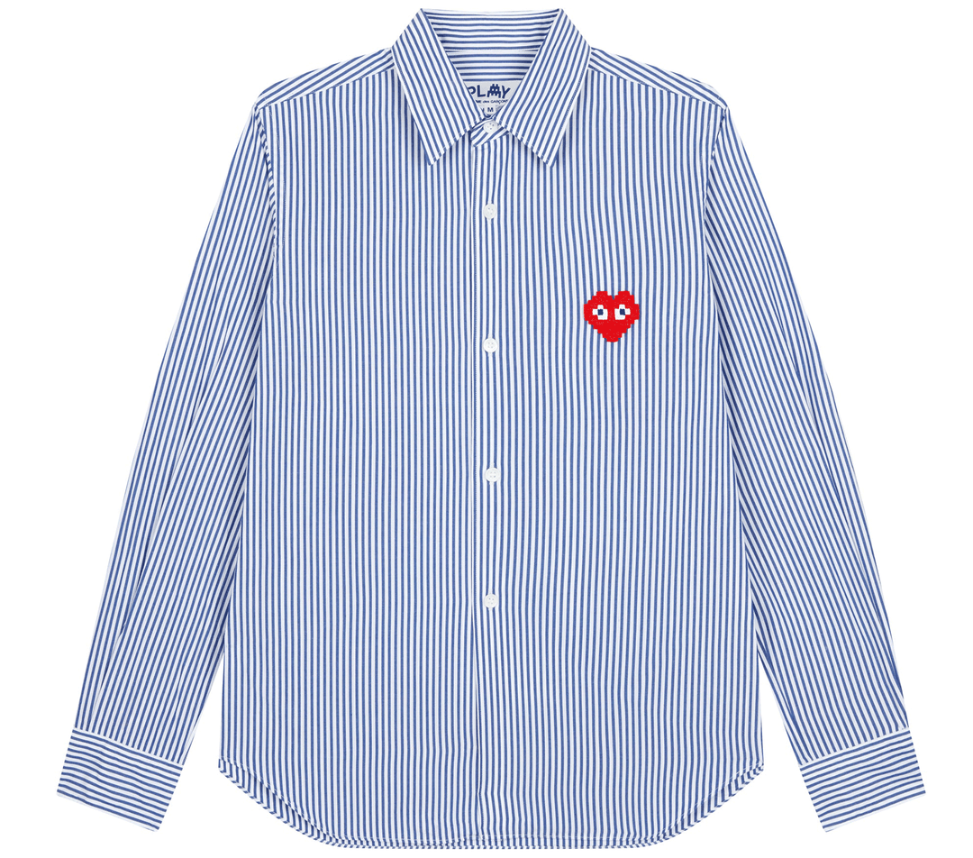 COMME-des-GARCONS-PLAY-Pixel-Red-Heart-Shirt-Men-Blue-white-stripes-1