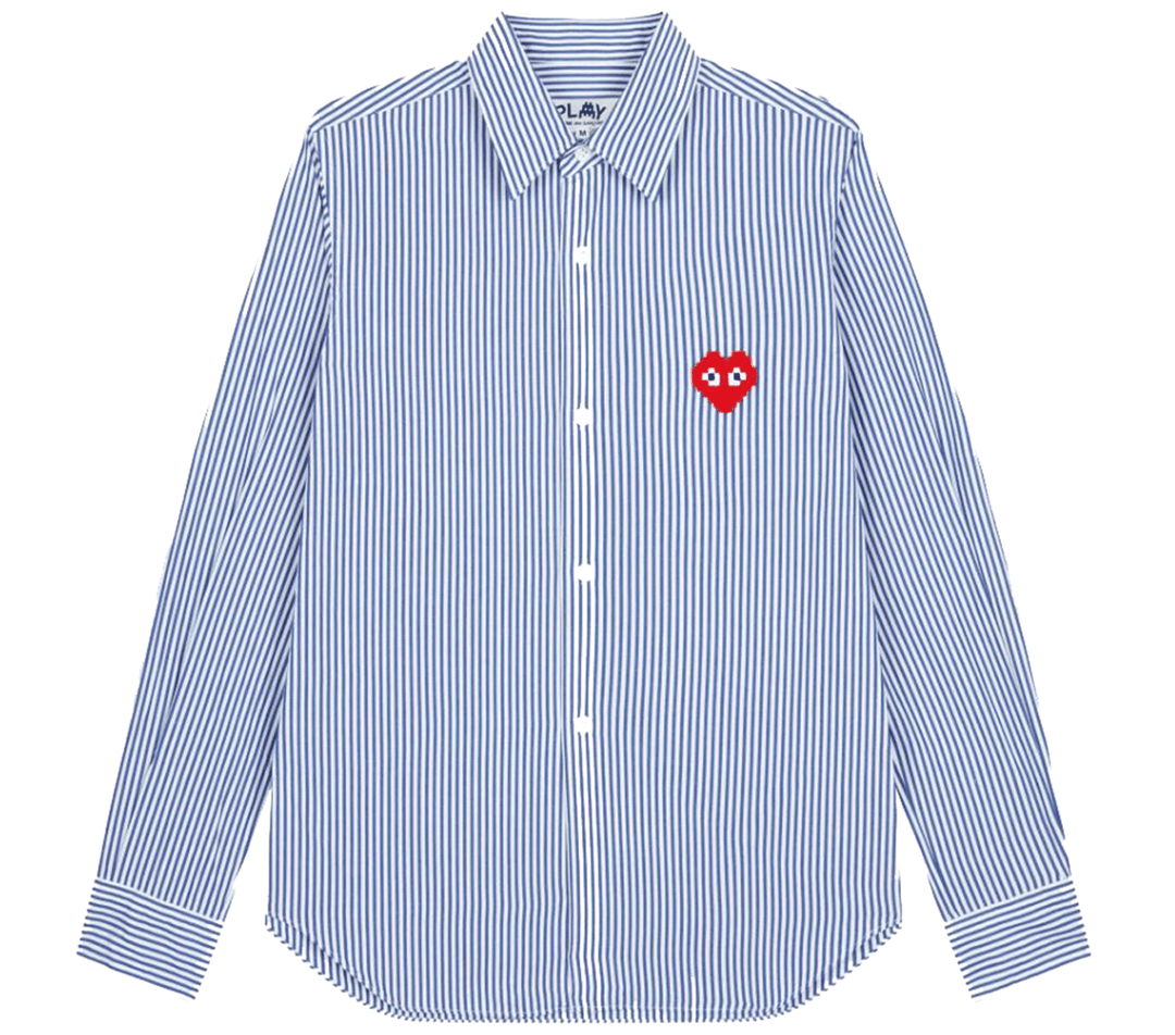 COMME-des-GARCONS-PLAY-Pixel-Red-Heart-Shirt-Women-Blue-white-stripes-1