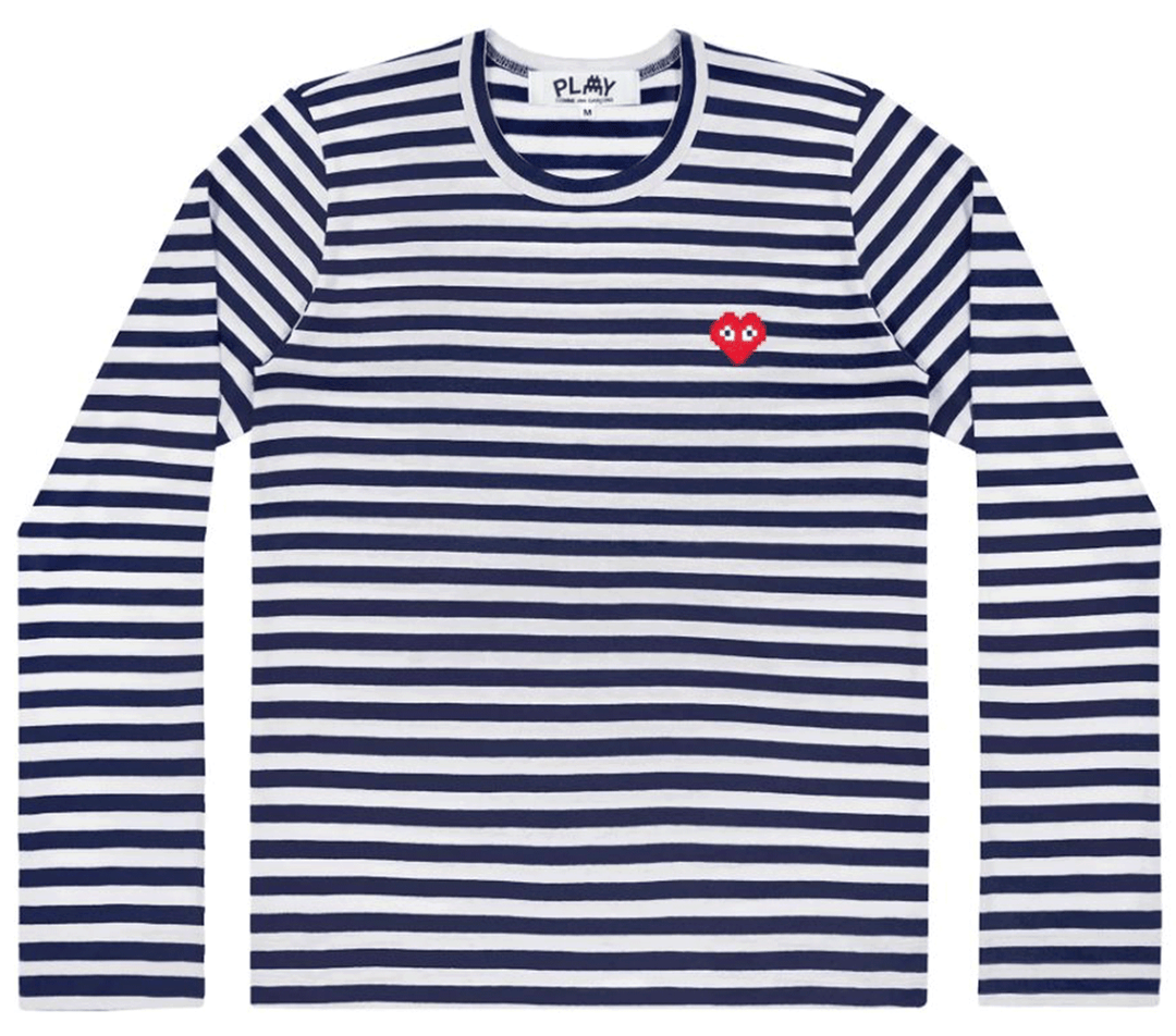 COMME-des-GARCONS-PLAY-Pixel-Red-Heart-Striped-Tee-Women-Navy-white-1