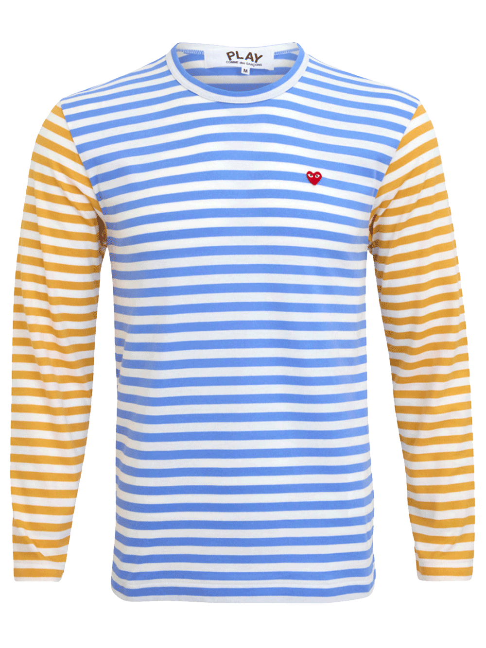 COMME-des-GARCONS-PLAY-Small-Red-Heart-Bi-Color-Stripe-Tee-Men-Blue-1