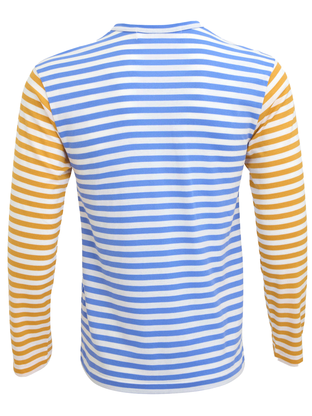 COMME-des-GARCONS-PLAY-Small-Red-Heart-Bi-Color-Stripe-Tee-Men-Blue-2