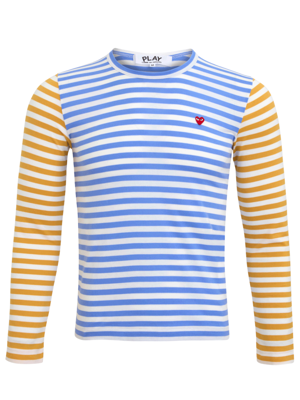 COMME-des-GARCONS-PLAY-Small-Red-Heart-Bi-Color-Stripe-Tee-Women-Blue-1