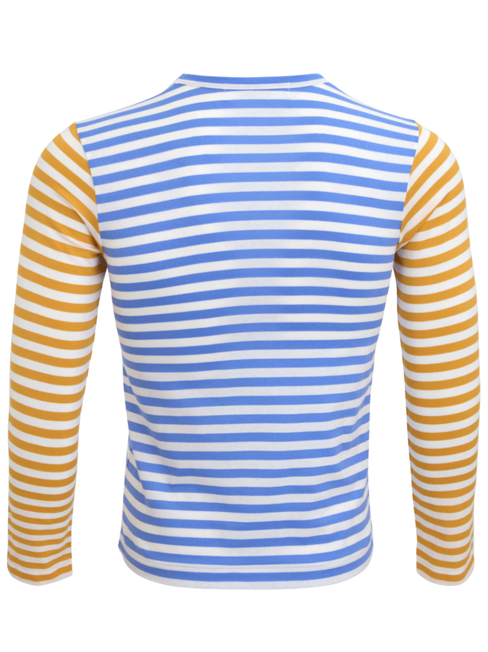 COMME-des-GARCONS-PLAY-Small-Red-Heart-Bi-Color-Stripe-Tee-Women-Blue-2