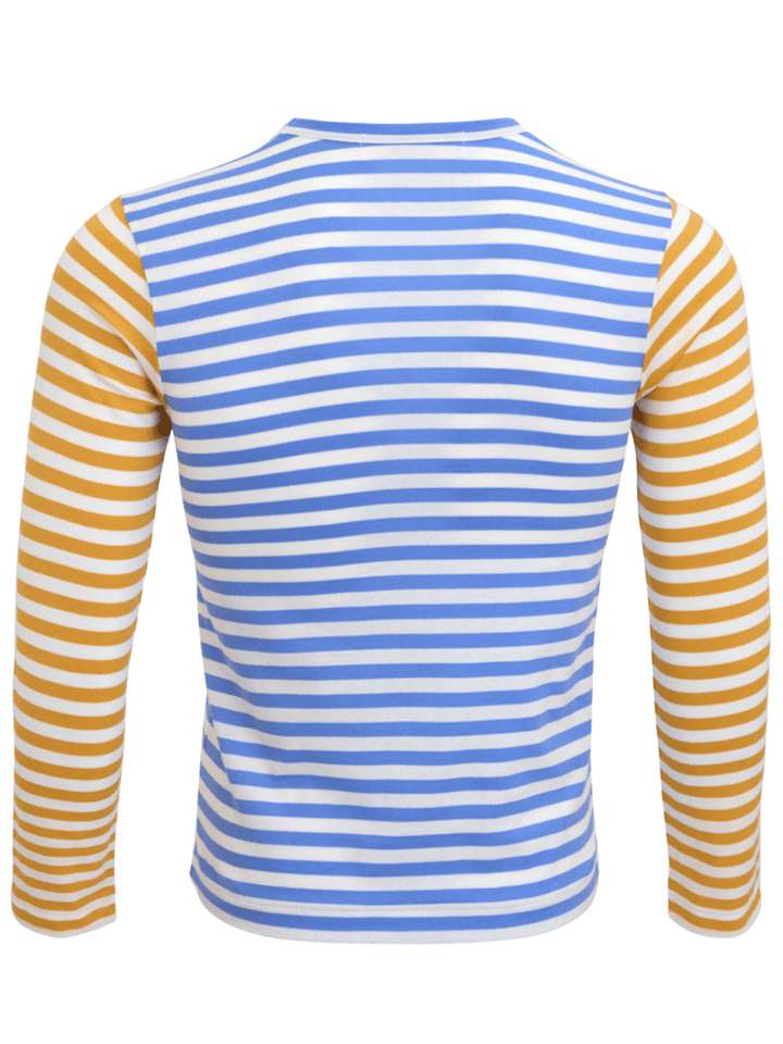 COMME-des-GARCONS-PLAY-Small-Red-Heart-Bi-Color-Stripe-Tee-Women-Blue-2