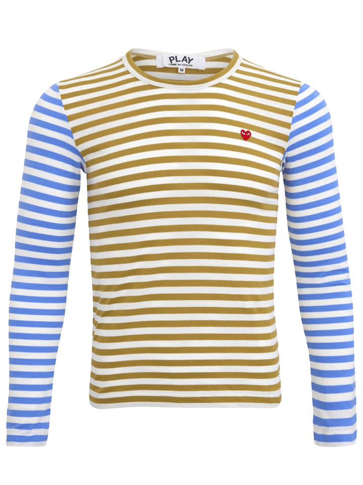 COMME-des-GARCONS-PLAY-Small-Red-Heart-Bi-Color-Stripe-Tee-Women-Olive-1