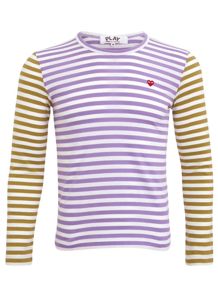 COMME-des-GARCONS-PLAY-Small-Red-Heart-Bi-Color-Stripe-Tee-Women-Purple-1