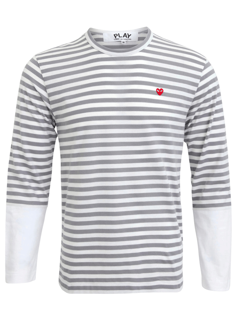 COMME-des-GARCONS-PLAY-Striped-Small-Red-Heart-Tee-Men-Grey-1