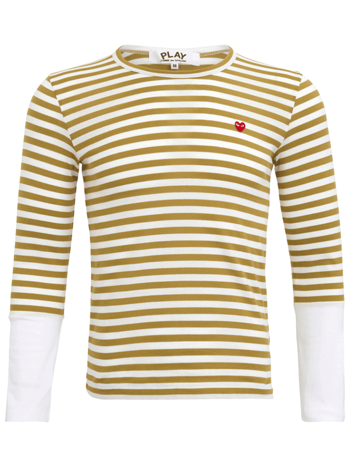 COMME-des-GARCONS-PLAY-Striped-Small-Red-Heart-Tee-Women-Olive-1