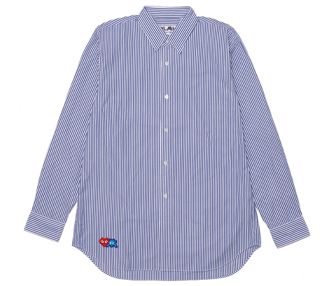     COMME-des-GARCONS-PLAY-x-INVADER-Striped-Long-Sleeve-Emblem-Cotton-Broad-Shirt-Men-Blue-White-Stripes-1