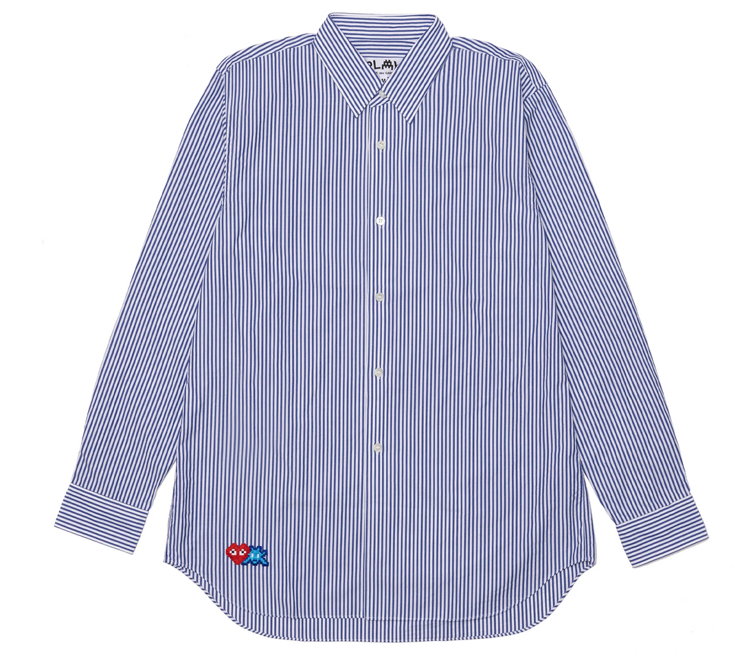     COMME-des-GARCONS-PLAY-x-INVADER-Striped-Long-Sleeve-Emblem-Cotton-Broad-Shirt-Women-Blue-White-Stripes-1