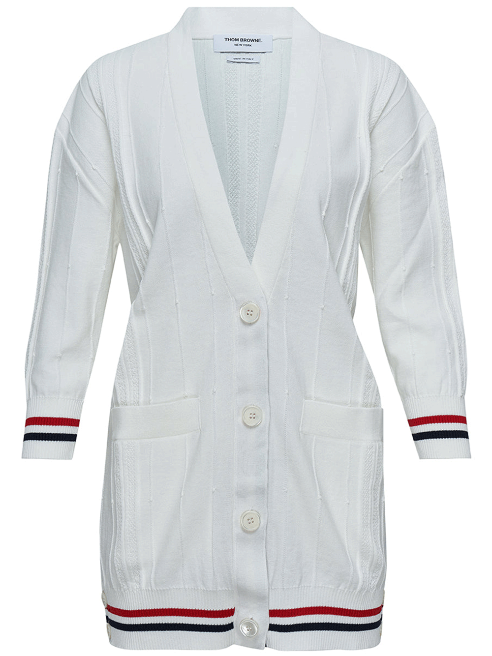 Thom-Browne-Rwb-Cricket-Stripe-Oversized-Fit-3/4-Sleeve-Cardigan-White-1