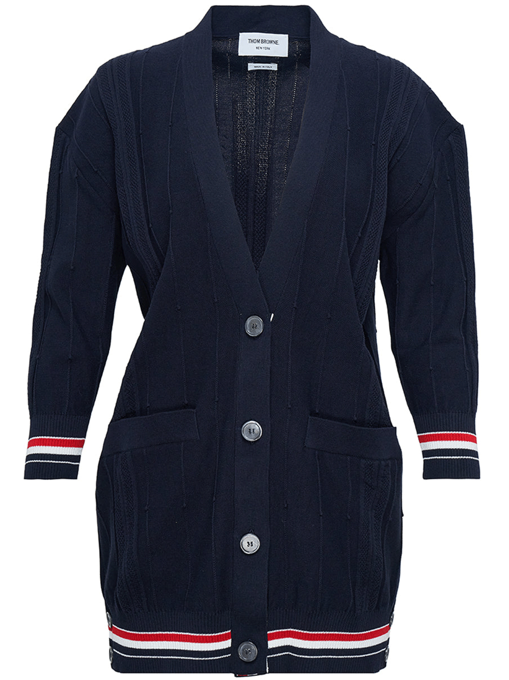 Thom-Browne-Rwb-Cricket-Stripe-Oversized-Fit-3/4-Sleeve-Cardigan-Navy-1