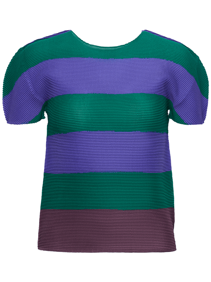 me ISSEY MIYAKE Layer Stripe Pleat Round Neck Short Sleeve Top Big Stripe Green 1