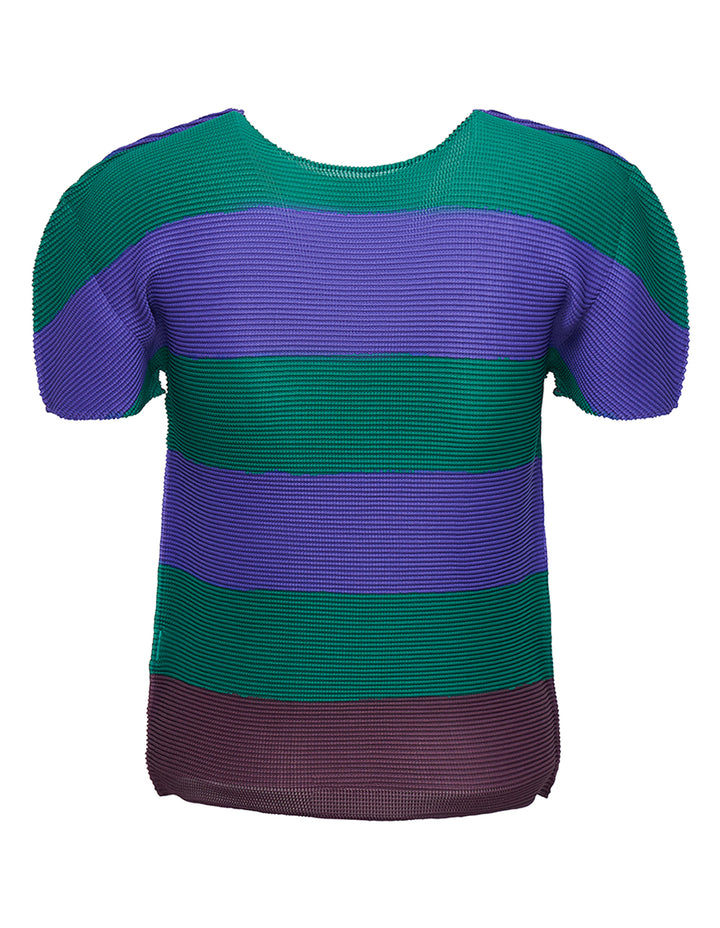 me ISSEY MIYAKE Layer Stripe Pleat Round Neck Short Sleeve Top Big Stripe Green 2